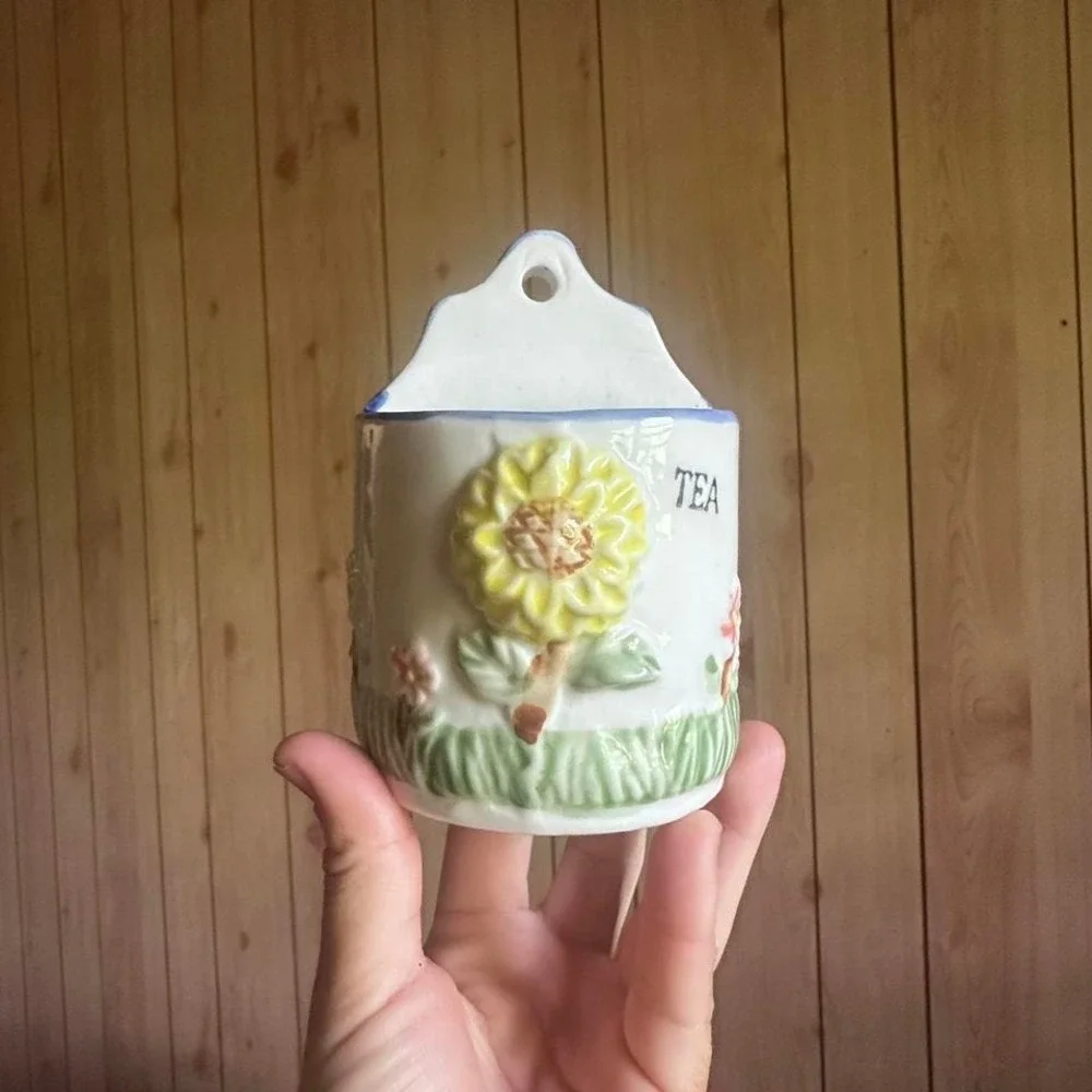 Vintage Ceramic Sunflower‎ Canister Set With Wooden Tray Coffee Tea Sugar
